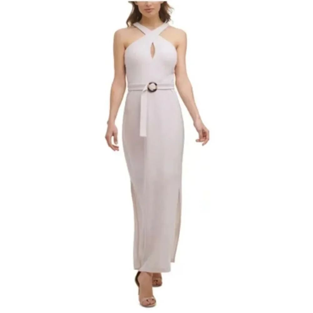 GUESS Textured Belted Halter Maxi Dress Women's 8 Beige Side Slit Sleeveless
